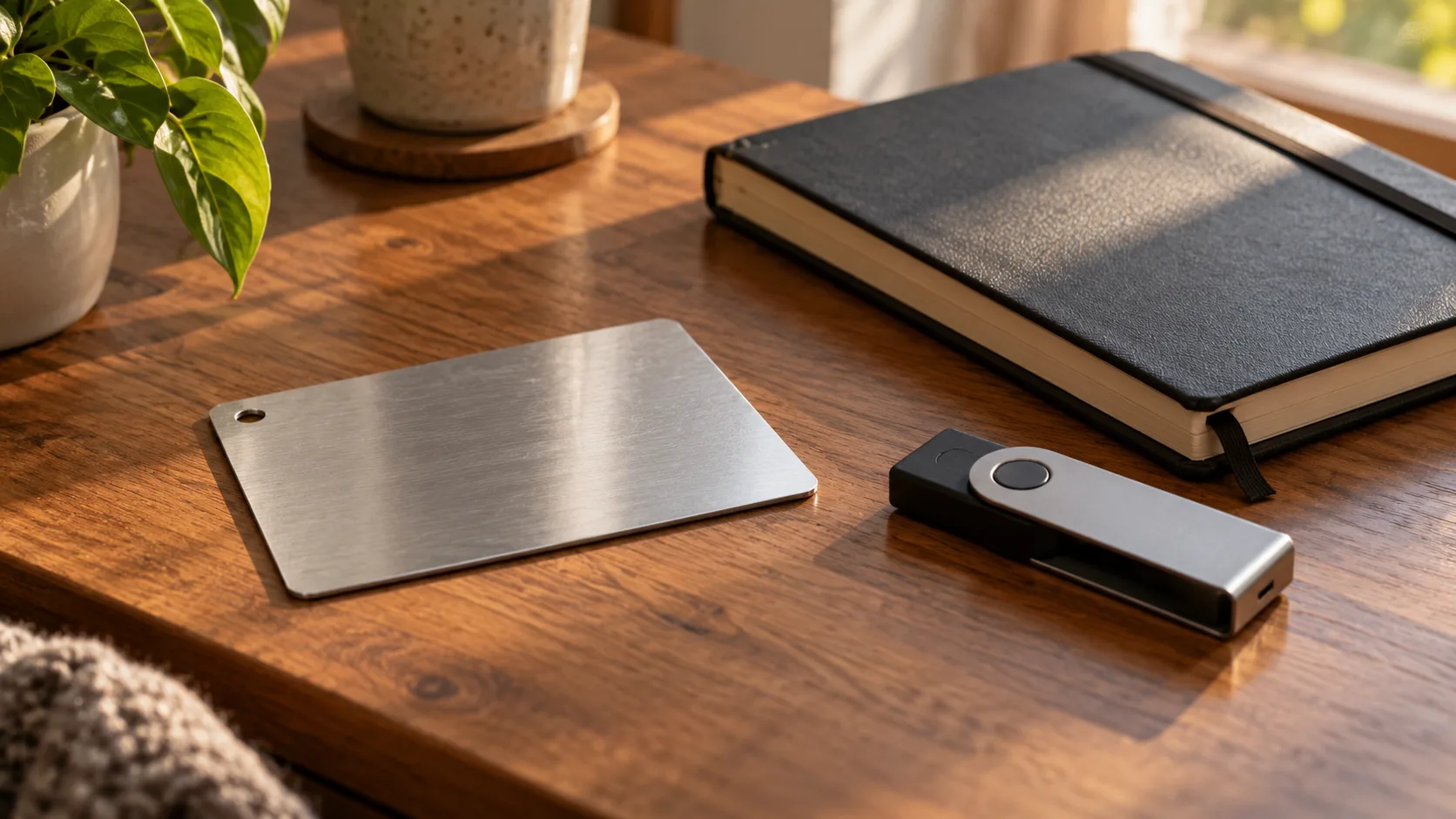 Hardware wallet and private backup materials on a desk