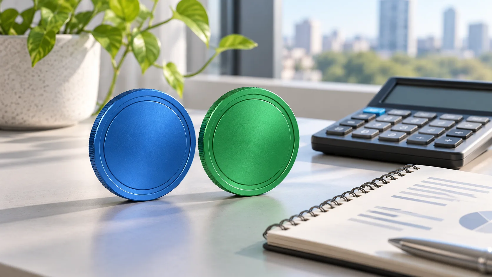 Two unbranded tokens beside a calculator for comparing stablecoin rates